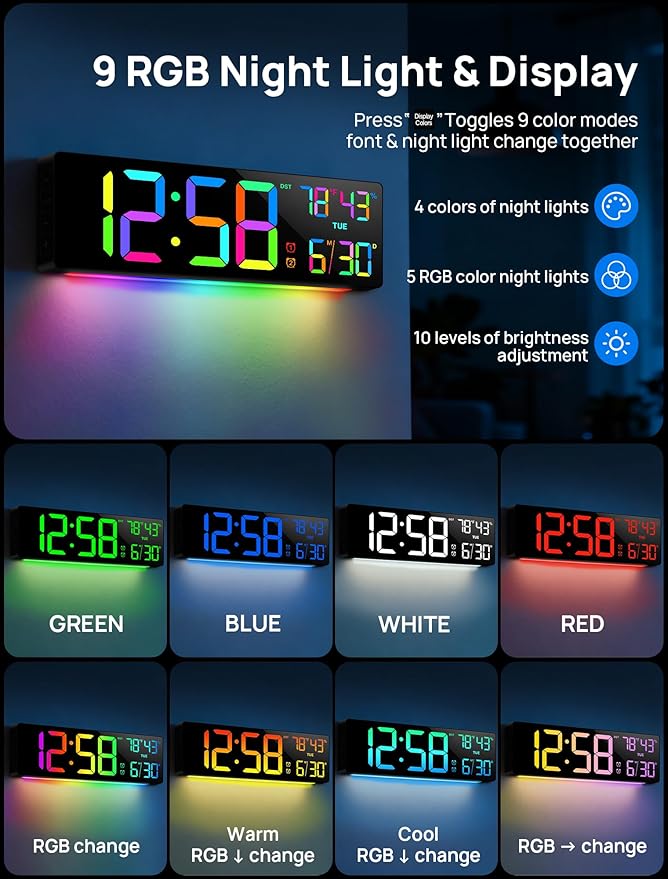 18.5" Large Digital Wall Clock with Remote Control, Big LED Display Digital Clocks with Night Light, Alarm, Countdown, DST, Temp, Date for Living Room, Bedroom, Office, Gift for Seniors(Black)