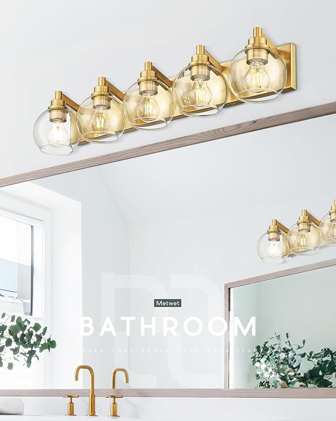 METWET Bathroom Light Fixtures, 5 Light Brushed Gold Vanity Light, 32 Inch Modern Wall Sconces with Globe Clear Glass Shade, Vanity Lighting Fixtures Over Mirror, VL195-BG-CL-5