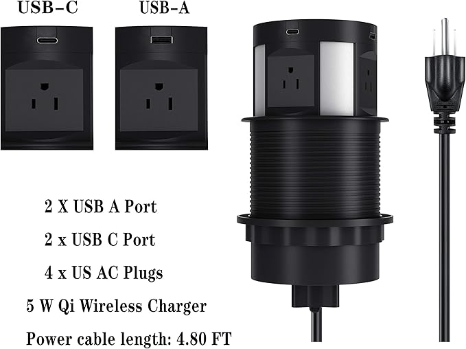 Automatic Pop Up Outlet for Countertop, Recessed Power Strip with 4 AC Outlets, 2 USB A, 2 USB C Pop Up Socket, Wireless Charger Station for Kitchen Conference Workbench, ETL Listed