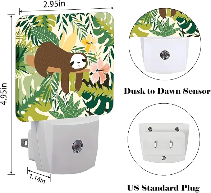FSHVQKD Cute Sloth in Jungle Night Light,Plug-in Night Lights with Dusk to Dawn Sensor for Stairway,Hallway,Bedroom Sleep Friendly Ideal for Women/Girls/Boys Gift,0.5w