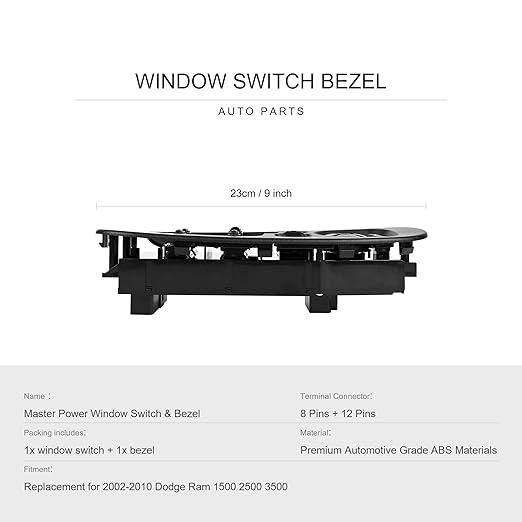 BASIKER Master Power Window Switch and Bezel Driver Side and Window Bezel Passenger Side Replacements for 2002-2010 Dodge Ram 1500 2500 3500, Black