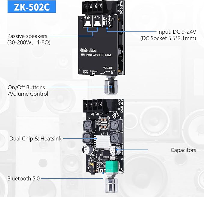 Audio Amplifier Board, ZK-502C Mini Bluetooth Amp Receiver 2.0 Channel 50W x 2, DC 9-24V Stereo Power Amplifier with Bluetooth and AUX Inputs for Home Speakers