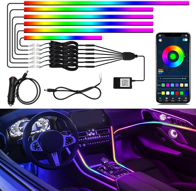 Dreamcolor Interior Car Lights, WEBUPAR Car Accessories 6 in 1 Car LED Strip Lights with APP Control and 213 Modes, 175 inches 593 LEDs Acrylic Fiber Optic Lights, RGB Neon Car Lighting