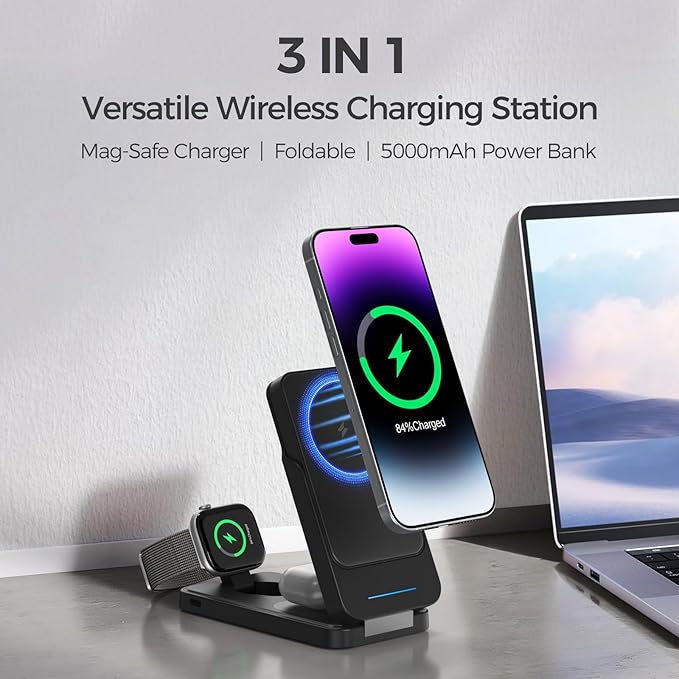 ANJANK 3 in 1 Portable Wireless Charging Station, 5000mAh Removable Mag-Safe Power Bank, Foldable Travel Magnetic Charger Stand for iPhone 17 16 15 14 13 12 Pro Max Plus, Apple Watch Series, AirPods