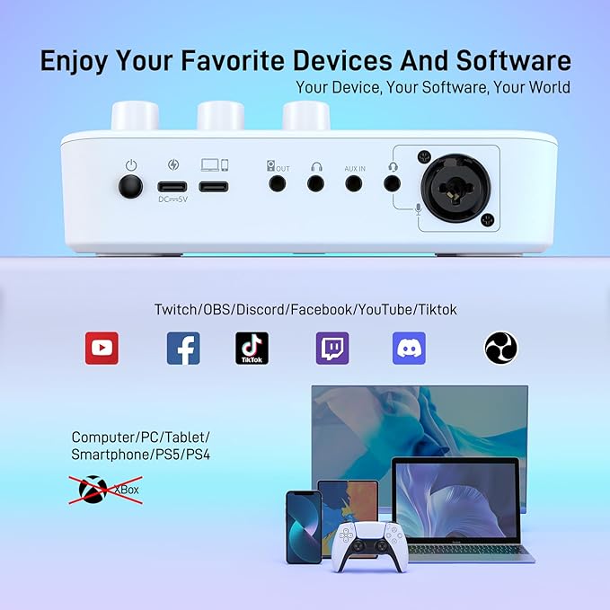 MAONO Gaming Audio Mixer, Audio Interface with Pro-preamp, RGB, Bluetooth, 48V Phantom Power for Live Streaming, Podcasting, Content Create, Gaming MaonoCaster G1 NEO (White)