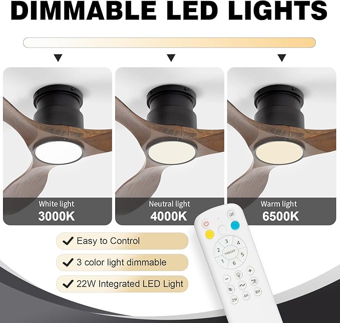 revoici 52'' Ceiling Fan with Lights and Remote, 3 Blade Amber Wood Low Profile Flush Mount Ceiling Fan Indoor, Reversible 6 Speeds Dimmable LED Light Fan for Bedroom Living Room Farmhouse