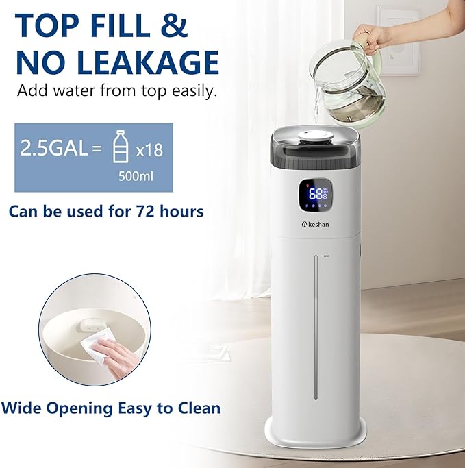 Akeshan Large Humidifier for Bedroom, 9L/2.5Gal Ultrasonic Cool Mist, Easy Clean with 350ML/H Large Mist Speed, Remote control, Quiet Tower, Suitable for Kids Room Plant Yoga