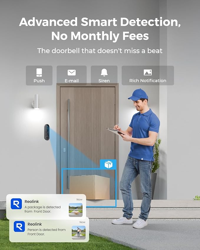 REOLINK 2K Battery Video Doorbell Camera, 150°x150° Head-to-Toe View, 2.4/5 GHz WiFi, Two-Way Talk, No Monthly Fee, Person/Vehicle/Package Detection(Chime not Included)