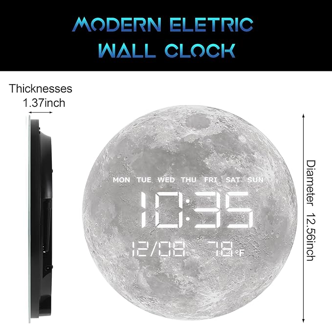 HOMLOVE Digital Wall Clock with Large LED Display, Moon Modern Electric Wall Clock [Plug-in] for All Room, Home, Office, (Moon, 12.59 INCH)