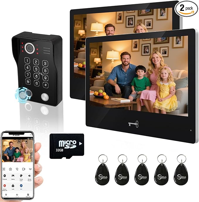 Wired Video Apartment Intercom System,Door Phone Kit,10 Inch Touch Monitor with 1080P HD Doorbell Camera,Supporting Motion Detecting 5 in 1 RFID Card Unlcking for Home Villa (1 Doorbell + 2 Monitor)