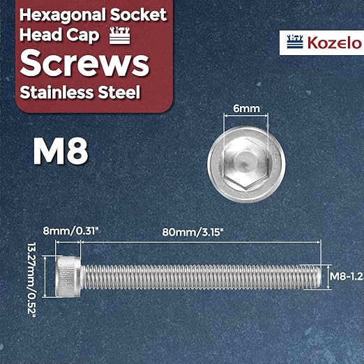Kozelo 10pcs Socket Head Cap Screws - [M8-1.25 x 80mm] 304 Stainless Steel Allen Socket Drive for Electrical Motor 3D Printing Fan Engine Replacement Use, Silver