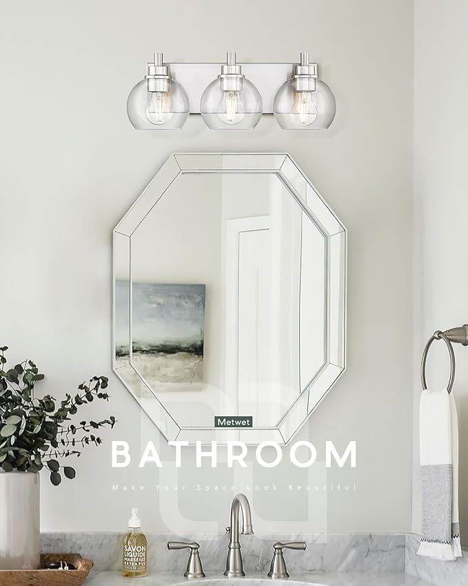 METWET Bathroom Light Fixtures, 3-Light Brushed Nickel Vanity Light, Modern Wall Sconces with Globe Clear Glass Shade, Vanity Lighting Fixtures Over Mirror, VL195-BN-CL-3