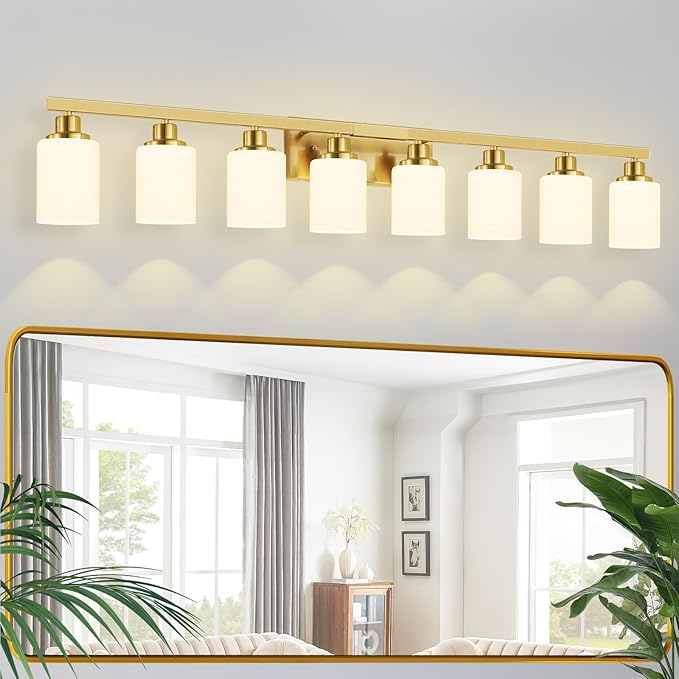 DIKAIDA 52inch Gold Bathroom Light Fixtures, Modern Bathroom Vanity Light with Milky White Glass Shade, Gold Wall Lamp Sconces for Mirror Bedroom, Living Room Hallway