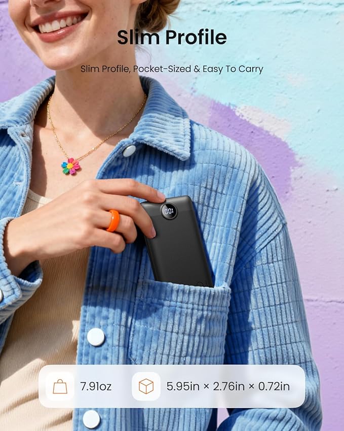Coowisty Portable Charger with Wall Plug, Slim USB C Power Bank with Built-in Cables, 10000mah LED Display External Battery Pack Compatible with iPhone/Android & More (Black)