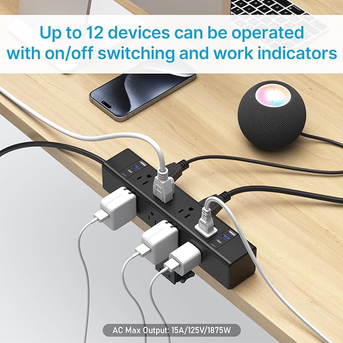 CCCEI Desk Outlet Station 45W USB C Port. 12 Outlet Desktop Clamp Power Strip Surge Protector 4800J with Switch. Nightstand Office Standing Desk Accessories Fit Thicker Table Edge or Screw Mount, 10FT