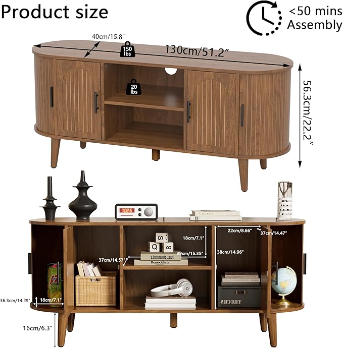 Mxtxmy 51" Fluted TV Stand, Mid-Century Modern Entertainment Center for Tvs up to 60" with Drawers and Fluted Doors, Curved TV Media Console Table with Sliding Doors for Living Room, Bedroom (51")