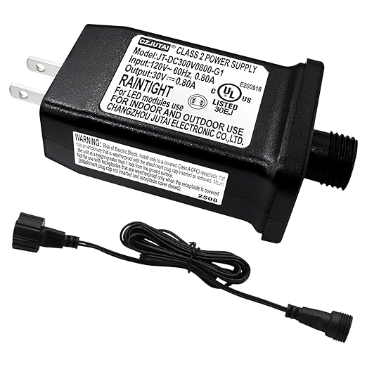 30V 0.8A LED Controller with Extension Cord, Replacement Model JC-DC300V0800-G1 Class 2 Power Supply IP44 Low Voltage Transformer for Christmas Light
