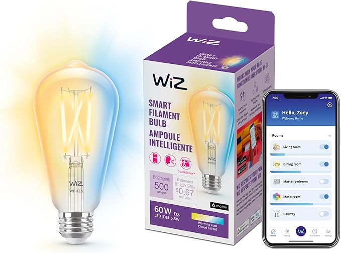 WiZ Connected 60W ST19 Tunable White Filament LED Smart Light Bulbs - Connects to Your Wi-Fi - E26 Smart Bulb - Control with Voice or App + Activate with Motion - Matter Compatible - 1 Pack