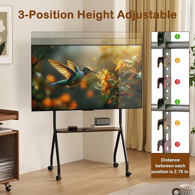 CVDF Rolling TV Stand for 49-75 Inch LCD LED OLED Flat/Curved Panel Screen TVs, Mobile TV Stand with Wheels, Height Adjustable TV Floor Stand, Holds up to 110 Lbs, Max VESA 600 x 600 mm, Black