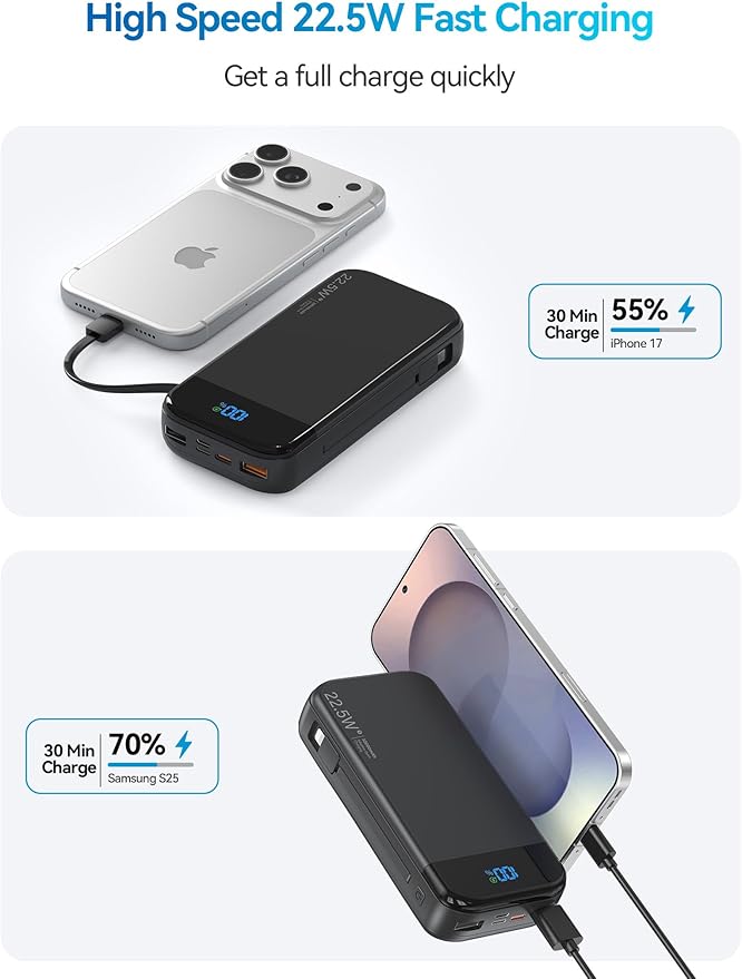 LENGSUM Portable Charger Power Bank Built-in Cables, 32000mAh 22.5W USB C Fast Charging, 5 Outputs 3 Inputs Travel Essentials Battery Pack Compatible with iPhone, iPad, Samsung, Google Pixel, Black