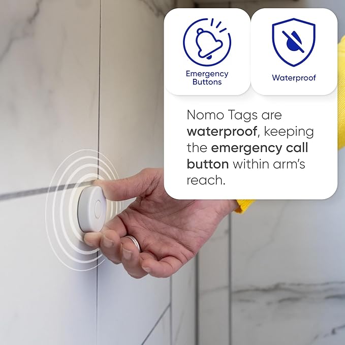 Emergency Alert & Movement Sensor Tags – Elderly Monitoring with Emergency Panic Button, Wearable Fall Detection for Seniors, Water-Resistant - Works with Nomo Care Kit - 10-Year Battery Life - 2 Tags