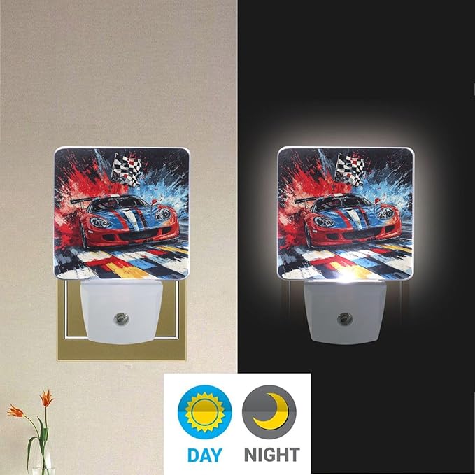 Pigsaly Led Night Light Red Blue Sports Car Checkered Flag Night Light Plug in Wall Lamp Smart Dusk to Dawn Sensor Nightlight Led Lamp Energy Saving Lights Gift for Kids Room Bedroom Bathroom Hallway