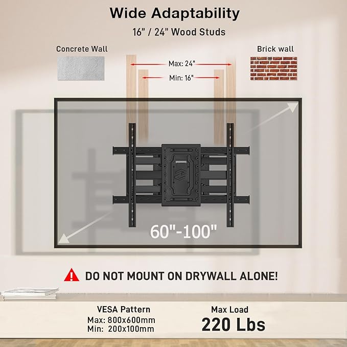 USX MOUNT Heavy Duty Full Motion TV Wall Mount for 60-100 Inch Large TVs, up to 220lbs, Swivel & Tilt, Preassembled TV Mount for 60" 65" 75" 80" 85" 90" 98" 100", Max VESA 800x600mm, Fits 12-24" Studs