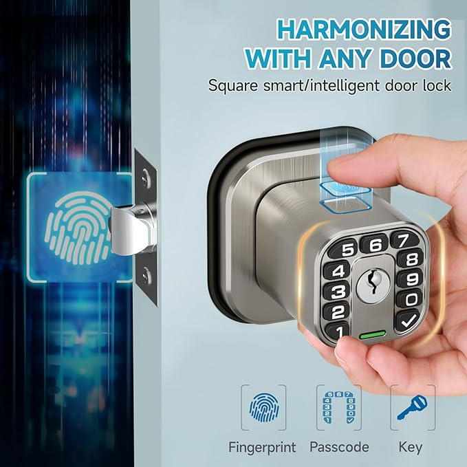 Richelock Fingerprint Door knob, Smart Biometric Door Lock with Keypad, Keyless Entry Code Door Knob, Waterproof & Weatherproof , Auto Lock ,Voice Navigation, For Bedroom, Gate,Office -Satin Nickel