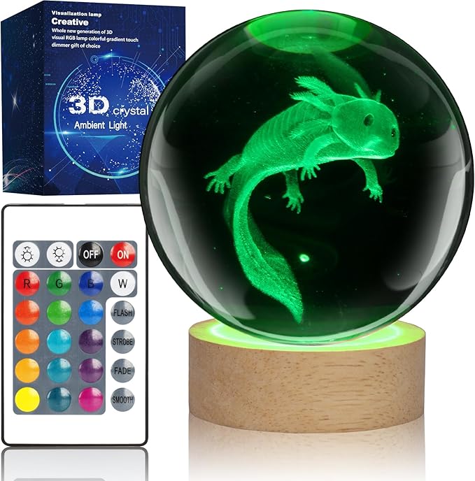 LQYHZCZQ 3D Axolotl Crystal Ball Night Light with 16 Color LED Wooden Base with Remote Control, 3.15 Inch Crystal Ball Night Light