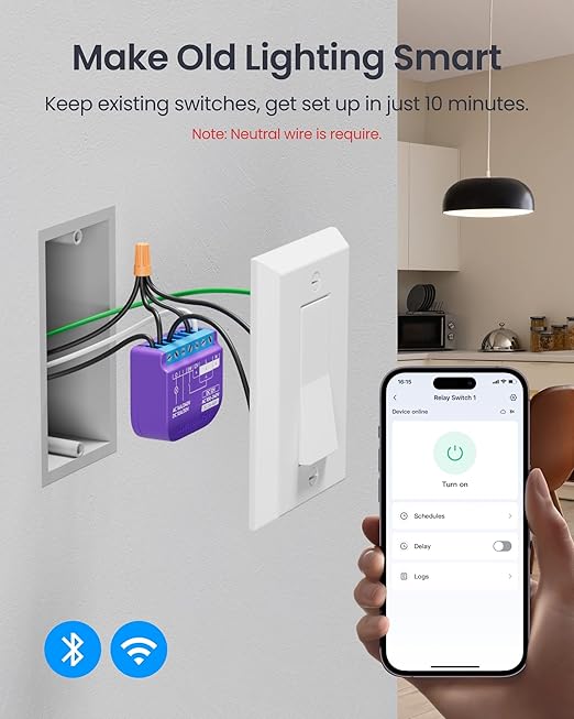 SwitchBot WiFi Switch 1 (Pack of 4) Compatible with Alexa/Apple Home/Google Home, Power-Measuring Relay Switch Module with Built-in Bluetooth Repeater and Dry Contact, Wi-Fi 2.4GHz, 16A