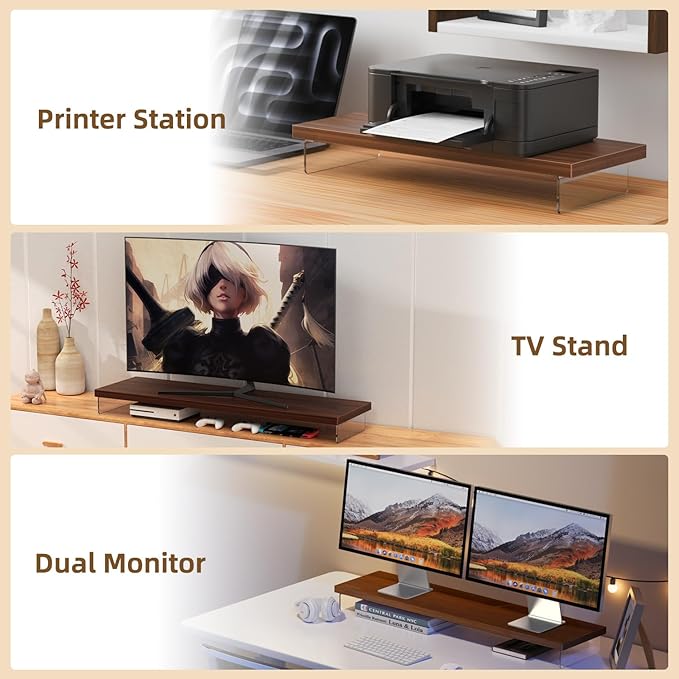 SSWOOD Monitor Stand Riser, Wood & Acrylic Computer Monitor Stand Desk Desktop Organizer Table For Home, Office Workspace, Laptop Riser, Printer, PC & TV Screen Riser
