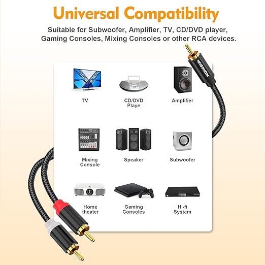 HOSONGIN RCA Y Splitter Cable, 1 Male to 2 Male Audio Cables (2 Pack), 12 Inch, 24K Gold-Plated, Cotton Braided, Shielded Subwoofer Cable for Amplifiers, TV, Home Theater, Hi-Fi Systems