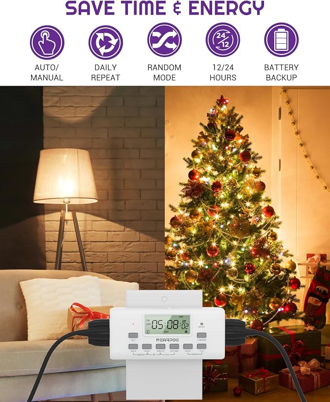 NEARPOW Digital Timer for Lamp with Dual Outlets, Programmable Timer in Door, Outlet Timers for Lights,10 On/Off Programs, 24-Hour and 7-Day Programmable Electric Plug Timers,3 Prong, 15A/1875W