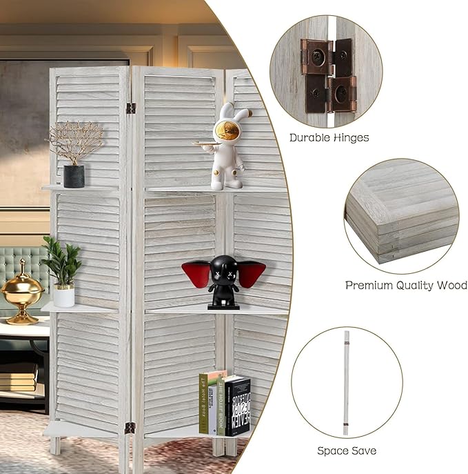 4 Panel Room Divider with Shelves, Room Dividers and Folding Privacy Screens, Folding Room Dividers 4 Panel, White Room Divider with 3 Display Shelves for Home Office (White)