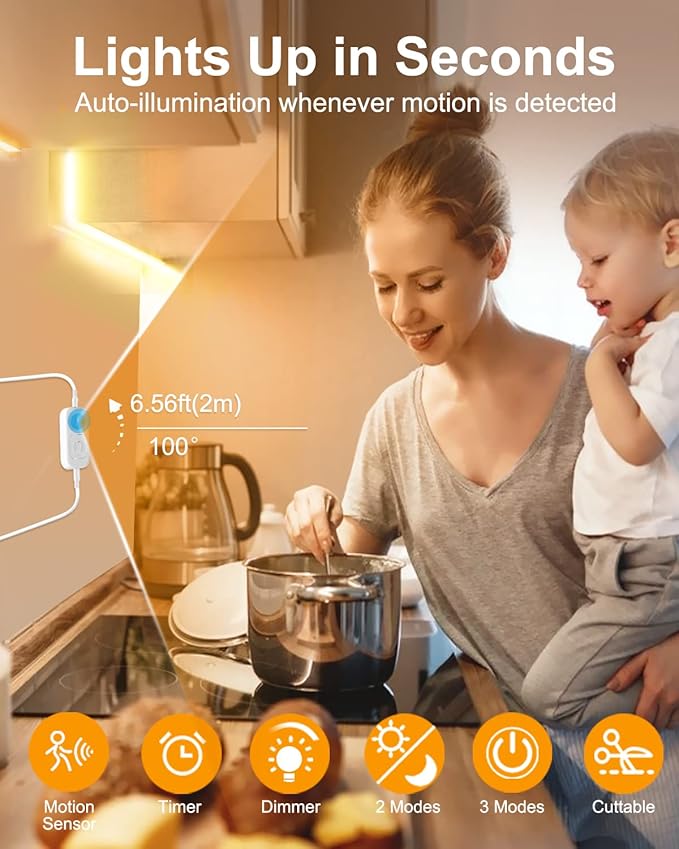 Feuymoent Motion Sensor LED Strip Light - Cabinet Strip Lights with 24W Plug, Dimmer, and Timing, 16.4ft for Under Cabinet, Kitchen, 3000K WarmWhite