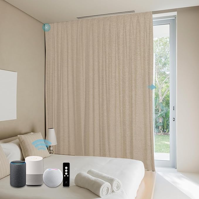 SmartWings Automatic Curtain Opener with Drapery, Motorized Vertical Blinds with Remote, Electric Closet Doors Sliding Panels Compatible with Alexa Google Homekit, 90% Blackout Wheat