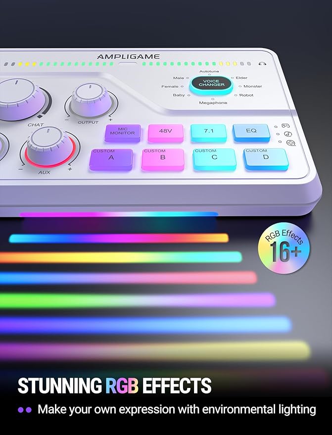 FIFINE Audio Mixer for Gaming with 7.1ch Surround Sound-Volume Knob-Mute-Voice Chat, RGB Computer Mixer with XLR Mic Interface Compatible wtih TV for Live Streaming-AmpliGame SC8W