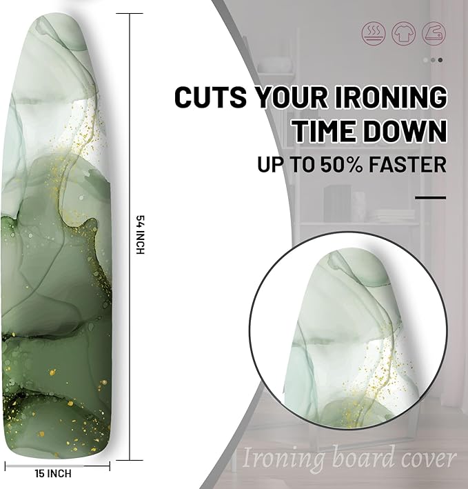 Extra Thick Ironing Board Cover and Pad, Sage Green Marble 15x54 Ironing Board Cover, Resist Scorching and Staining,Elastic Edges,Abstract Gray and Golden