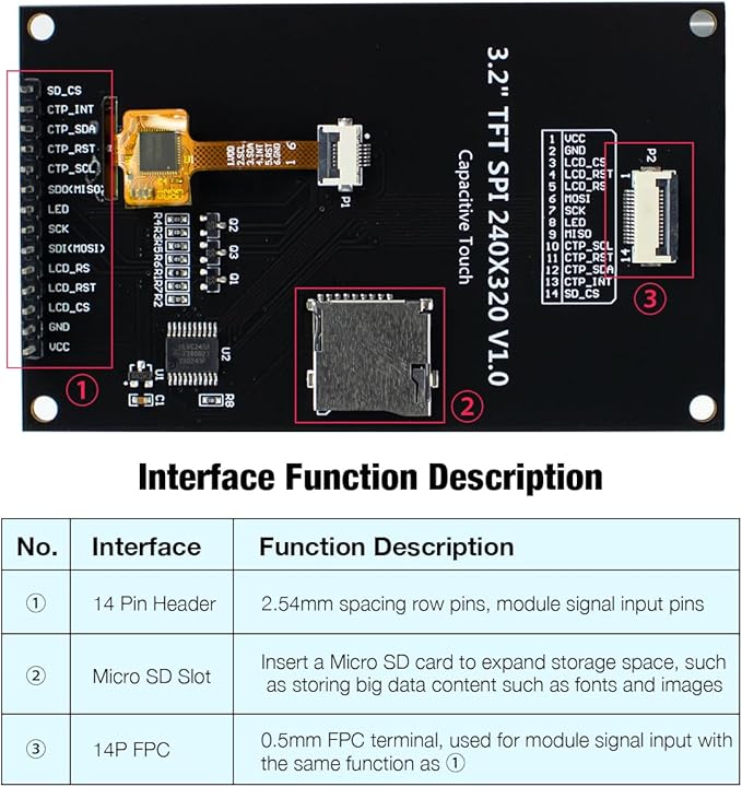 Hosyond 3.2 inch 240x320 IPS Capacitive Touch Screen LCD Module SPI Serial ILI9341V Driver for Arduino R3/Mega2560