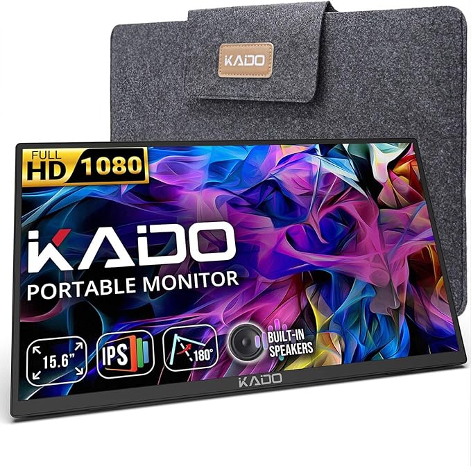 Kado Portable Monitor 15.6-Inch FHD 1080p, 45W Reverse Charging USB-C mini-HDMI Gaming Monitor IPS Display Built-in Speakers, Second Display 180° Kickstand for Laptop PC Phone Mac Xbox PS4/PS5 Switch