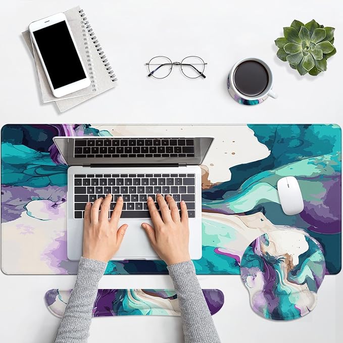 Britimes Teal and Purple Liquid Marbling Keyboard Mouse Pad Set 4in1 Large Mousepad+Keyboard Wrist Rest+Mouse Wrist Rest+Coaster Set with Ergonomic Design for Home Office Computer 35.4x15.7 inches