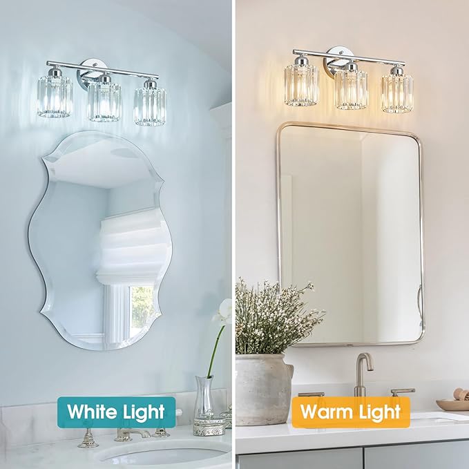 FDPBY Modern 3 Light Crystal Vanity Light, Chrome Vertical Bathroom Light Fixture Over Mirror for Dressing Table Sink, Compatible with Dimmable Bulbs (Bulbs Not Included)