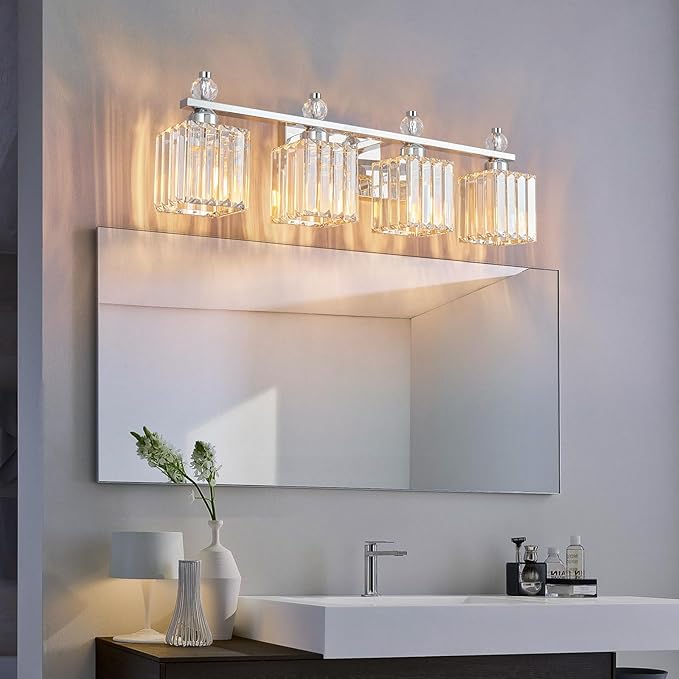 FDPBY Vanity Lights 4-Light Modern Crystal Vanity Light Chrome Bathroom Light Fixtures Over Mirror Crystal Bathroom Vanity Lighting Fixtures