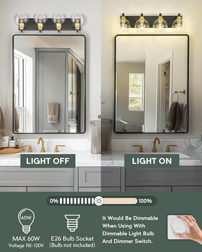 METWET Bathroom Light Fixtures, 4-Light Black and Gold Bathroom Vanity Light, 26 Inch Modern Wall Sconces with Globe Clear Glass Shade, Vanity Lighting Fixtures Over Mirror, VL195-KG-4