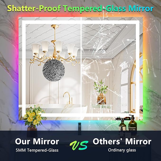 YEELAIT 44x36 Inch RGB LED Bathroom Mirror Front Lit and RGB Backlit Lighted Vanity Mirror for Bathroom Wall Dimmable Anti Fog Memory Shatter-Proof IP54 Waterproof Horizontal/Vertical