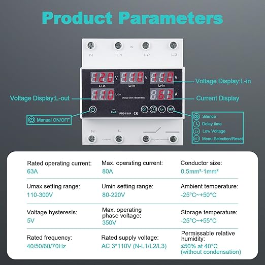 Automatic Transfer Switch, 110V 63A Auto Transfer Switch Real-time Monitoring with LED Display,Din Rail Mount