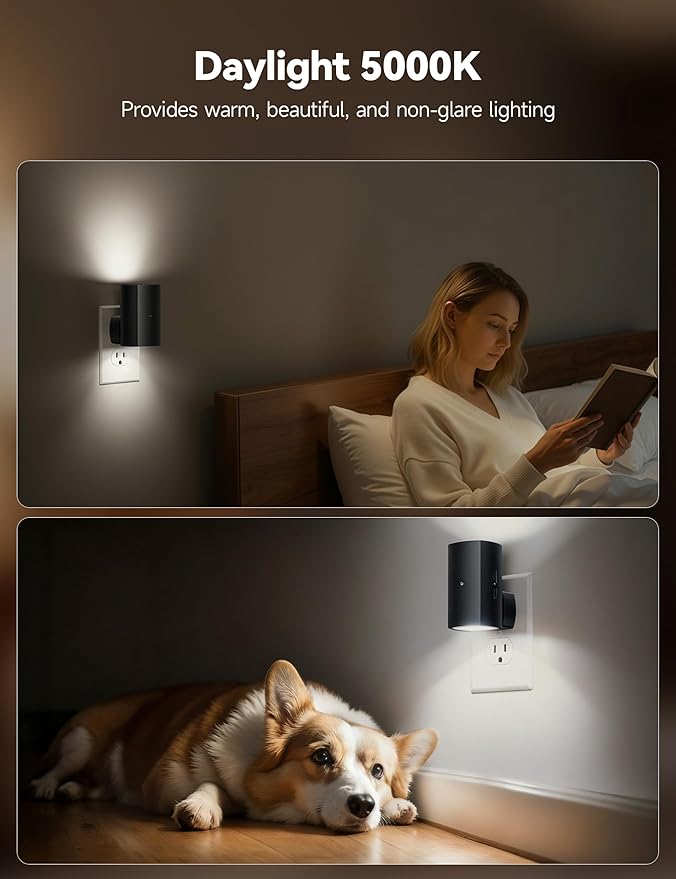 Brightown 2 Pack Black Night Lights Plug into Wall, Modern Night Light with Rotating Plug, Dusk to Dawn Sensor, 0-100LM Stepless Dimming Aora Night Light for Hallway Bedroom Bathroom, Pure White