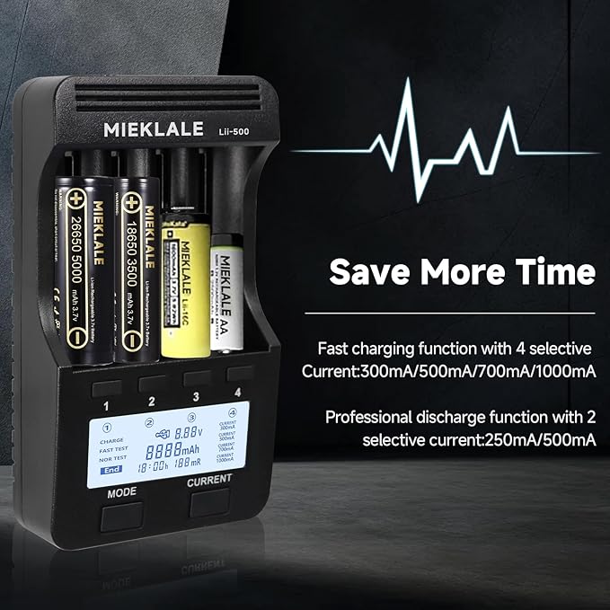 18650 Battery Charger, MIEKLALE 4 Bay Battery Charger with LCD Display Fast Charge for Rechargeable Batteries Li-ion 26650 18650 16340 10440 14500 20700,NI-MH NI-Cd AA AAA
