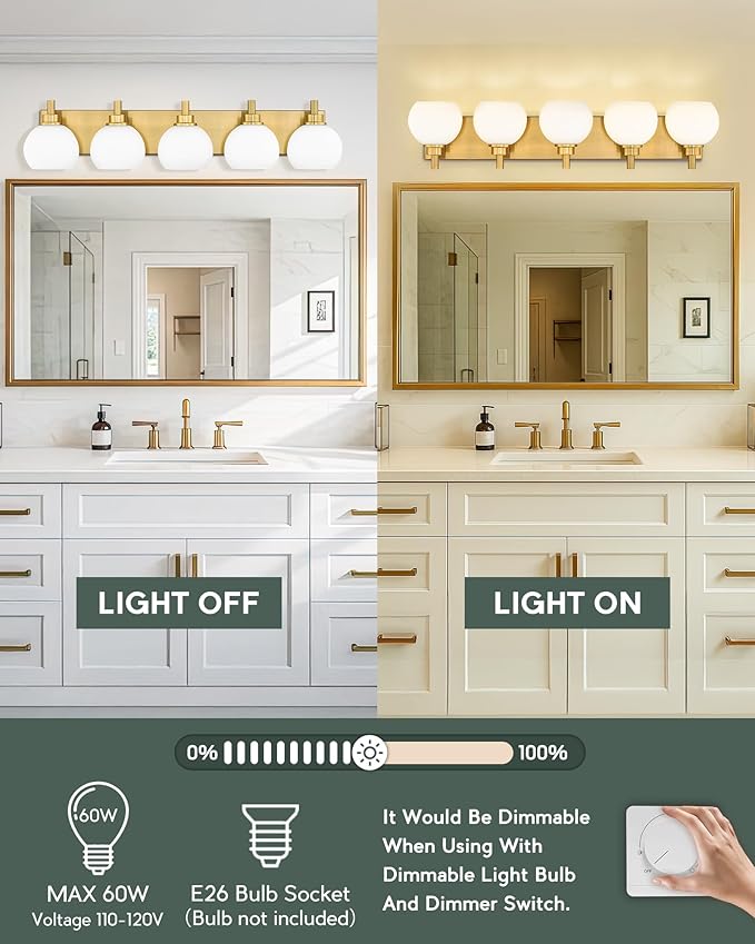 METWET Bathroom Light Fixtures, 5-Light Brushed Gold Bathroom Vanity Lights Over Mirror with Globe Milk White Glass Shade, 32 Inch Modern Vanity Lighting Fixtures, VL195-BG-ML-5