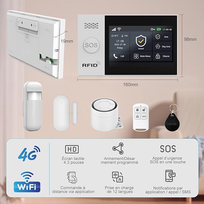 WiFi Wireless Alarm System for Home Security - 24/7 Protection Smart Home Devices 4.3" Touch Screen, GSM/4G+WiFi, App Instant Alerts, No Monthly Fee, Alexa Compatible for House Apartment Office(8Pcs)
